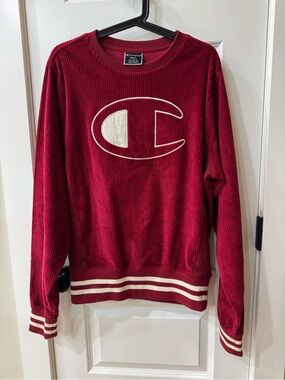 Champion Men's Burgundy Corduroy Crewneck Sweater with White Logo